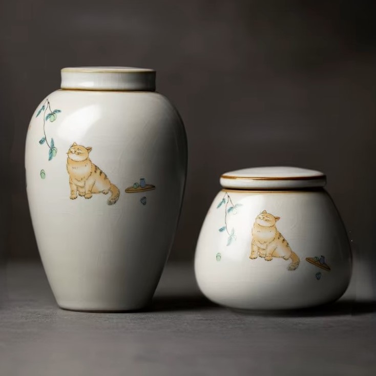 Ceramica contenitore del te grande e piccolo serie gatto cinese